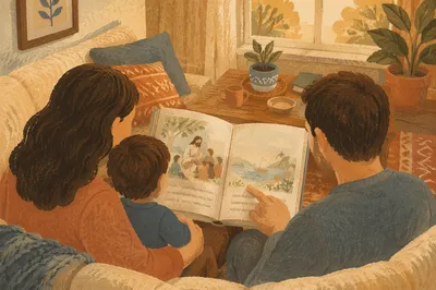 Child Reading Picture Bible with Parents