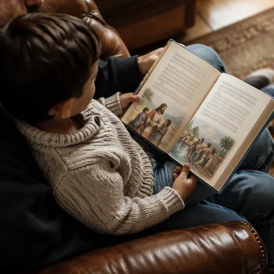 Child Reading Picture Bible on Parent's Lap
