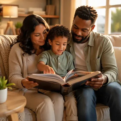 Child Reading Picture Bible with Parents