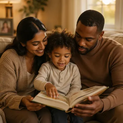 Child Reading Picture Bible with Parents