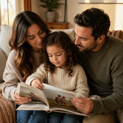Family Reading Childrens Book on Sofa