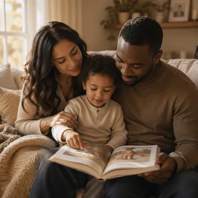 Child Reading Picture Bible With Parents