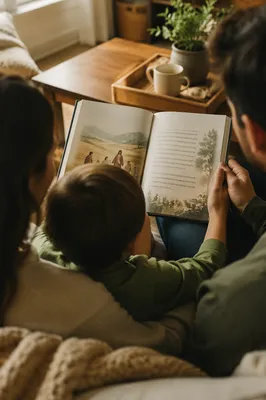Child Reading Picture Bible on Parents Lap