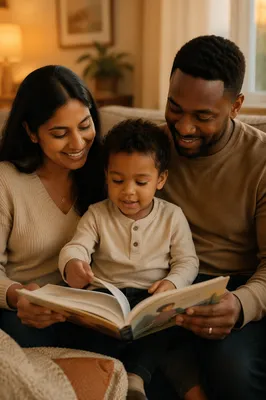 Child Reading Picture Book with Parents
