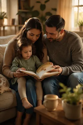 Family Reading Childrens Book on Sofa