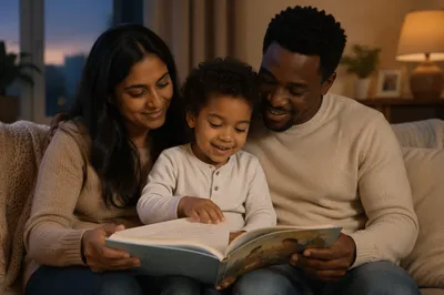 Child Reading Book on Parents Lap