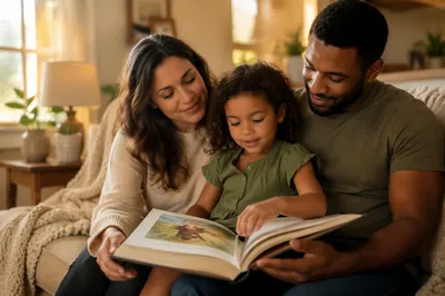 Child Reading Picture Bible with Parents