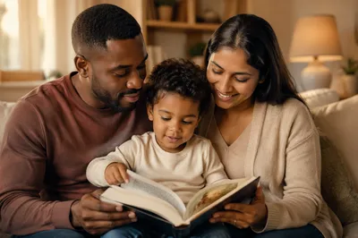 Child Reading Picture Bible With Parents