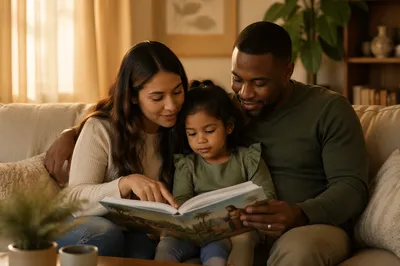 Family Reading Illustrated Bible on Sofa