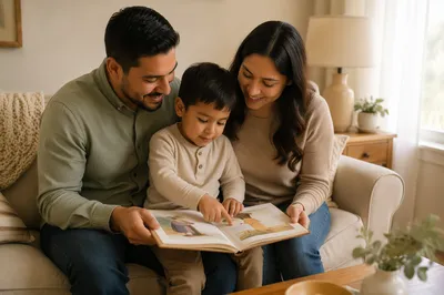 Family Reading Picture Bible on Sofa