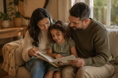 Family Reading Picture Book on Sofa