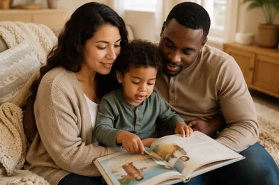 Child Reading Picture Bible with Parents