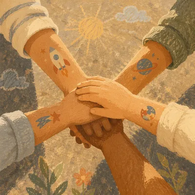 Children Hands Stacked in Sunny Teamwork