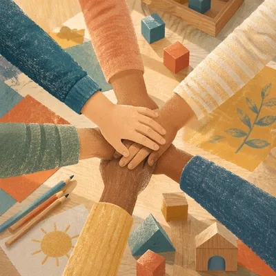 Children’s Hands Stacked in Classroom Teamwork