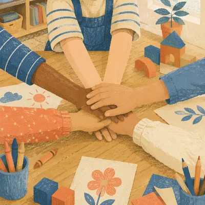 Children Hands Together on Craft Table