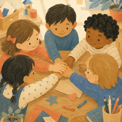 Children Stacking Hands in Friendship Circle