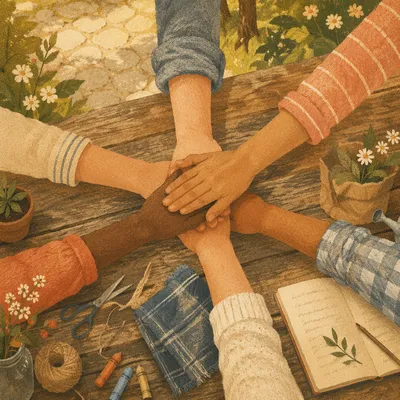 Children Hands United in Church Garden