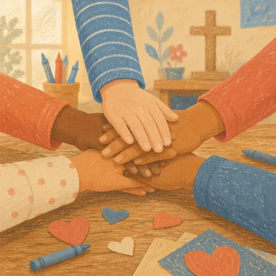 Children Stacking Hands in Faithful Teamwork