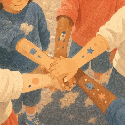 Children Stacking Hands in Teamwork Circle