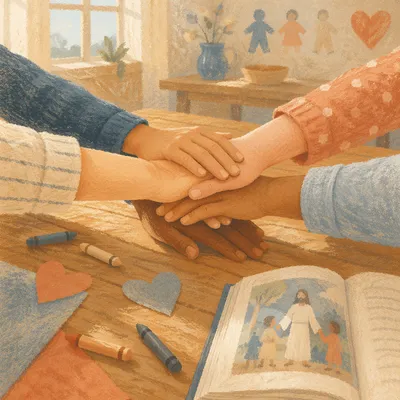 Children Hands Stacked in Sunday Teamwork