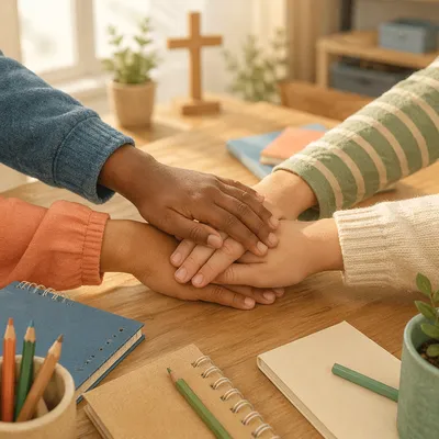 Children Stacking Hands in Faith Teamwork