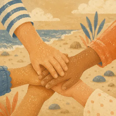 Children Hands Stacked in Beach Teamwork