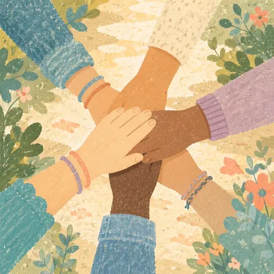 Children Stacking Hands in Sunlit Teamwork