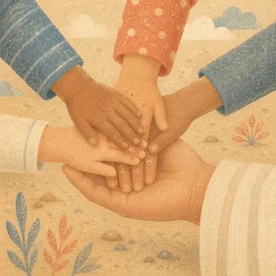 Children Hands United in Sandy Teamwork