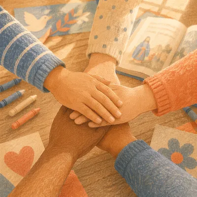 Children Hands Stacked in Classroom Teamwork