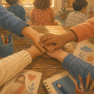 Children Hands Stacked in Faith Classroom