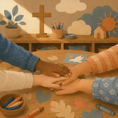 Children Hands Stacked in Faith Classroom