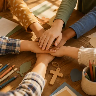 Children’s Hands Stacked in Church Teamwork