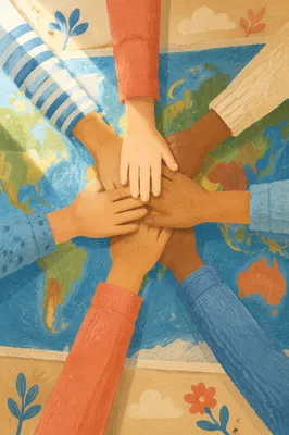 Children Stacking Hands Over Classroom Map