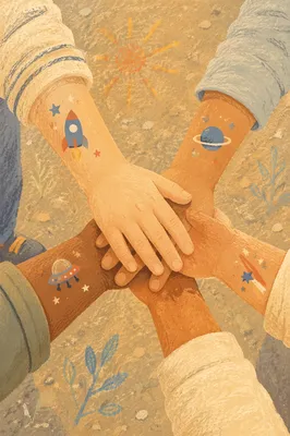 Children Hands Stacked in Sunny Teamwork