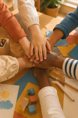 Children Hands Stacked in Classroom Teamwork