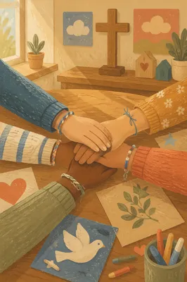 Children Stacking Hands in Faithful Teamwork