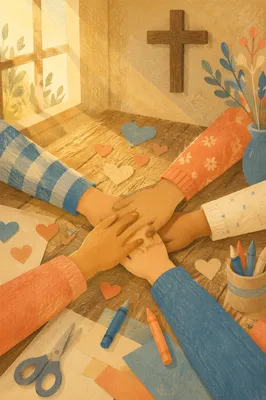Children’s Hands United Around a Wooden Table