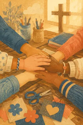 Children Stacking Hands in Church Teamwork
