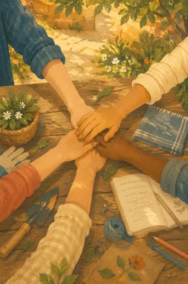 Children Hands United in Church Garden