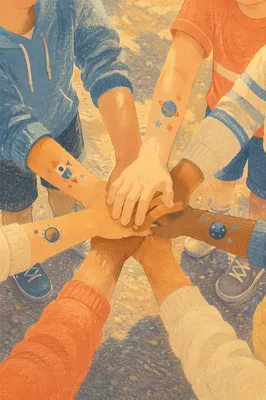Children’s Hands Stacked in Teamwork Circle