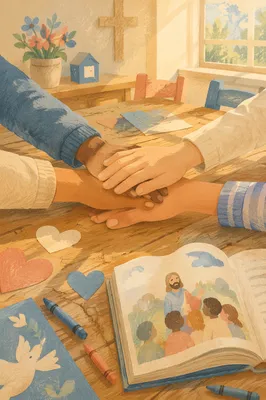 Children Stacking Hands After Sunday Service
