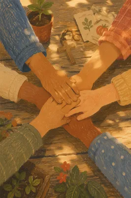 Children Hands Stacked on Wooden Table