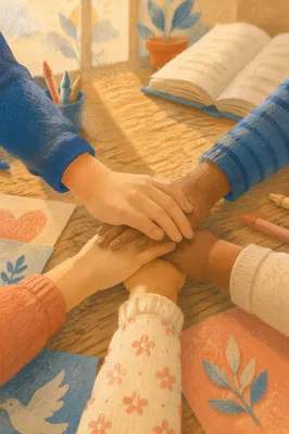 Children Hands Stacked in Classroom Teamwork