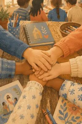 Children Hands United in Faith Classroom