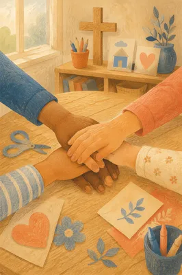 Children Stacking Hands in Faith Classroom