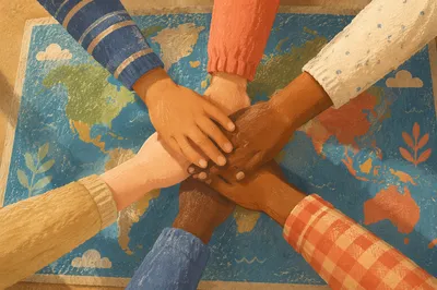 Children Hands United Over Classroom World Map