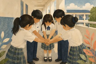 Children Stacking Hands in School Corridor