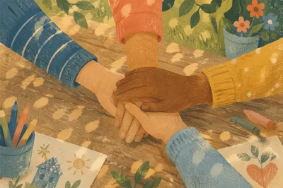 Children Stacking Hands in Garden Teamwork