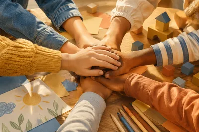 Children Hands Stacked in Teamwork Circle