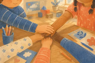 Children Hands Stacked in Teamwork Circle